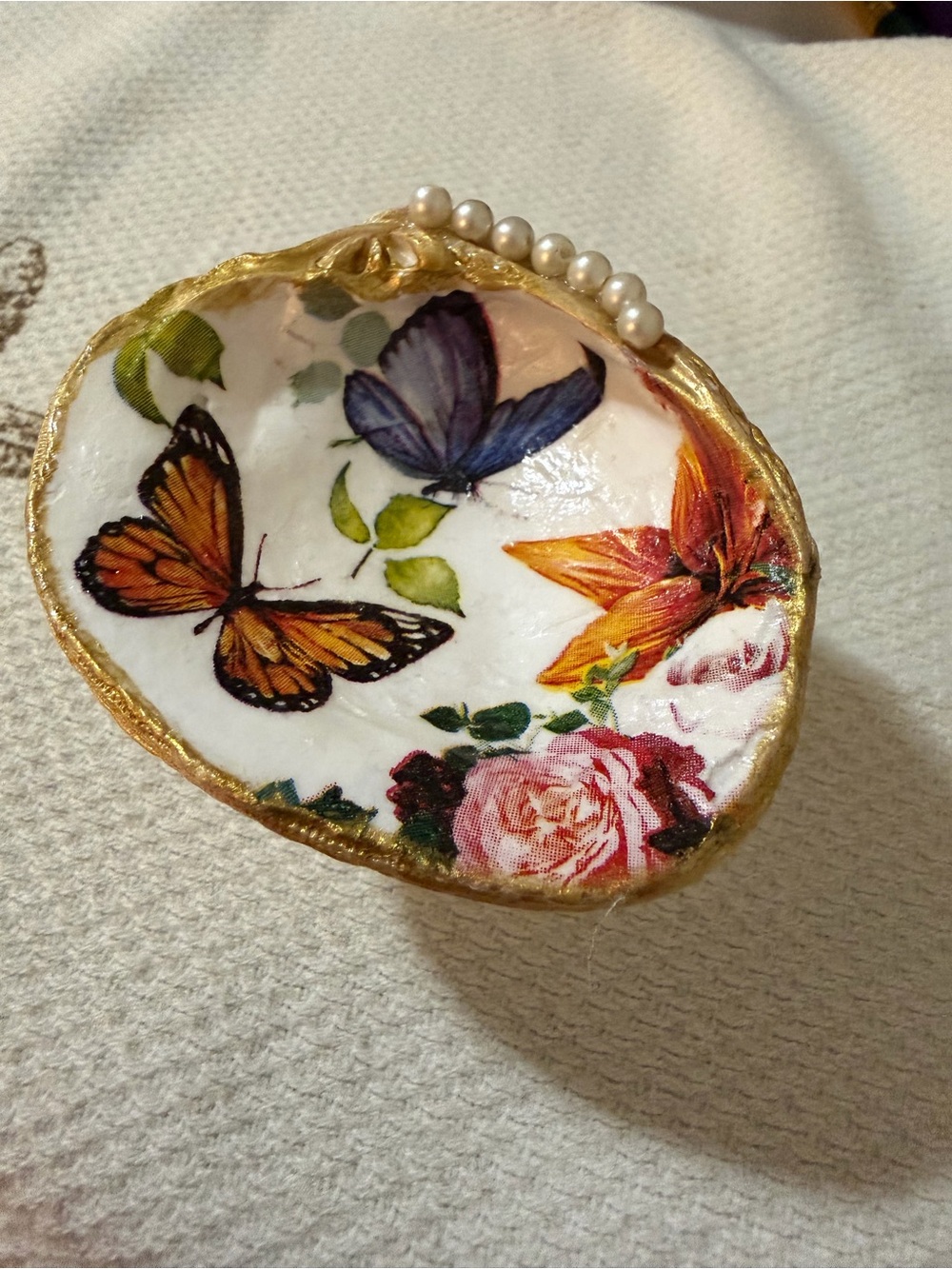Butterfly Floral Shell Trinket Dish with Gold Trim - Multicolor